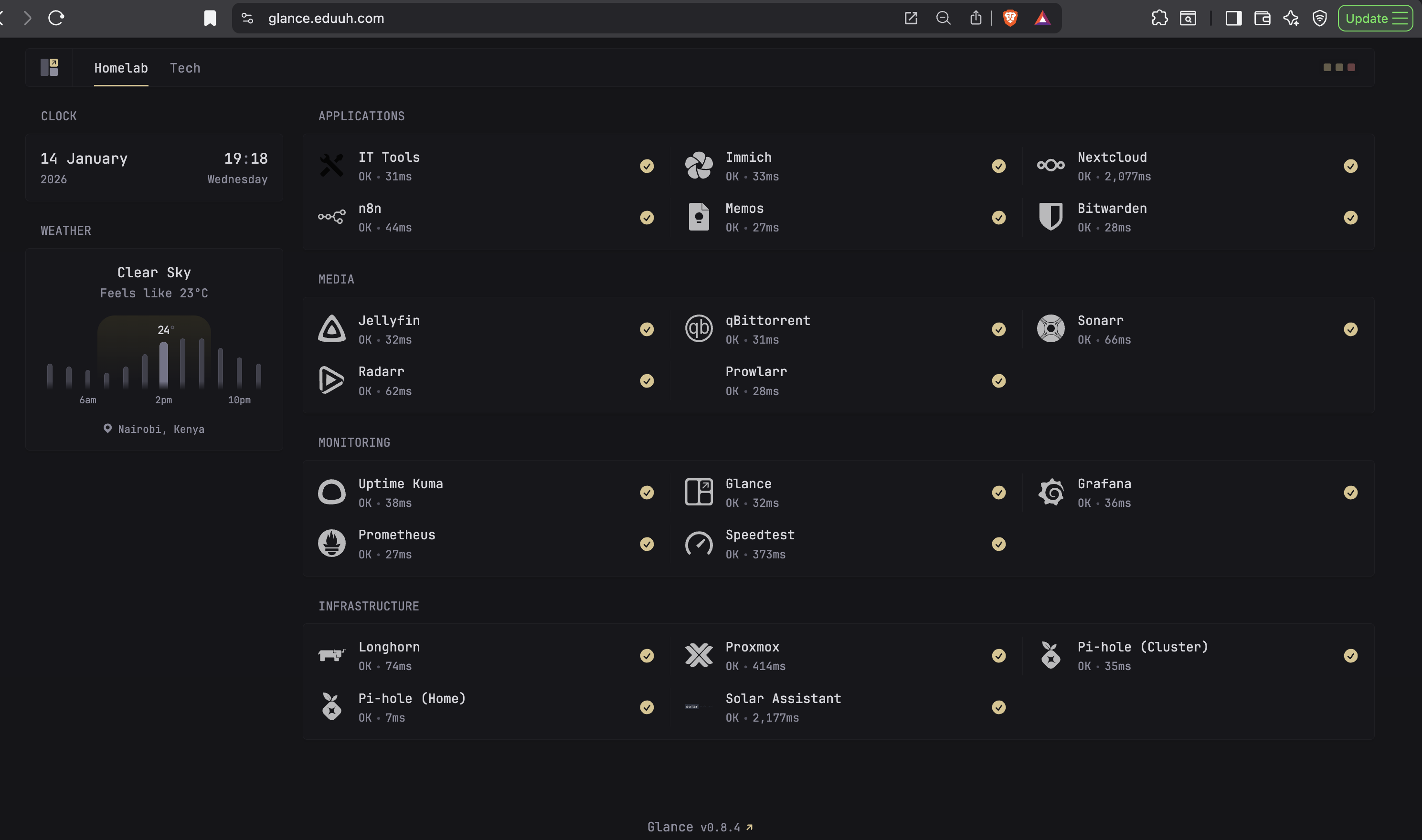 Glance dashboard showing all homelab services